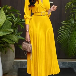 Elegant yellow Pleated Midi Dress for Women, Polyester 100% A-Line Swing Dress with Belt