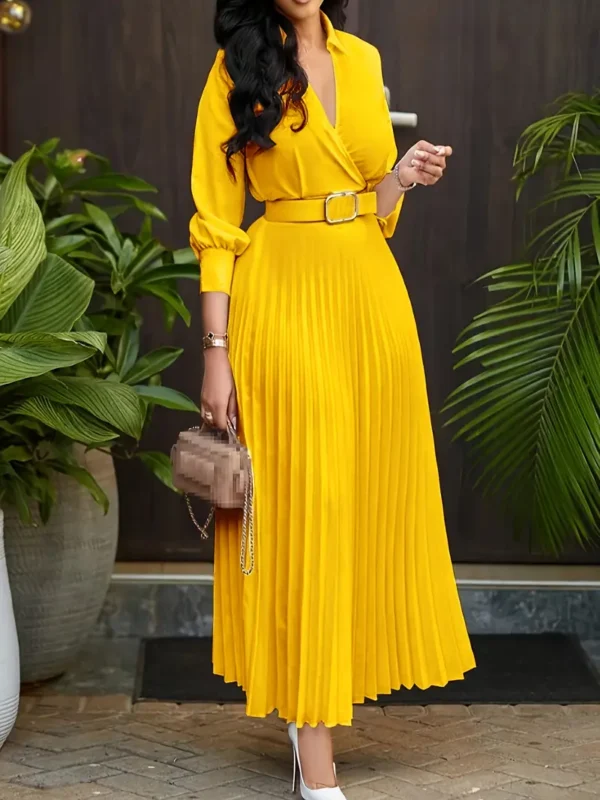 Elegant yellow Pleated Midi Dress for Women, Polyester 100% A-Line Swing Dress with Belt