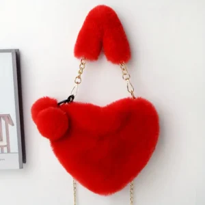 Elegant Plush Heart-Shaped Pendant Shoulder Bag with Zipper Closure, Detachable Strap